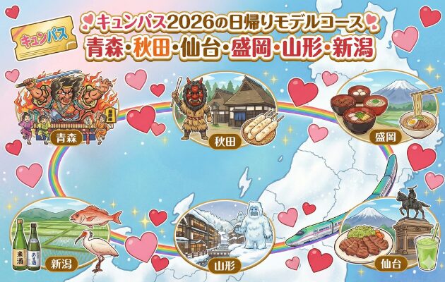 キュンパス2026の日帰りモデルコース。元鉄道員が1万円以上オトクになる6地域「青森・秋田・仙台・盛岡・山形・新潟」を解説。