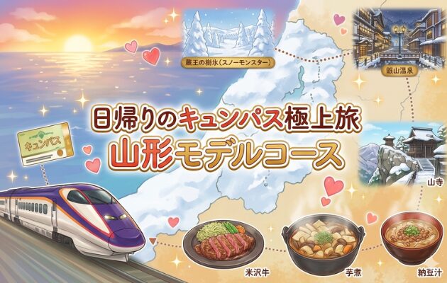 「日帰りのキュンパス極上旅」シリーズの山形モデルコース編。元鉄道員がキュンパス2026の買い方も紹介。