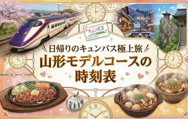「日帰りのキュンパス極上旅」シリーズの山形モデルコース編。元鉄道員がキュンパス2026の買い方も紹介。