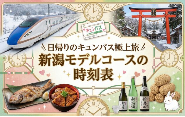 【新潟】キュンパス日帰りモデルコースの時刻表「日帰りのキュンパス極上旅」シリーズの新潟モデルコース編。元鉄道員が穴場の指定席を取る裏ワザも伝授。