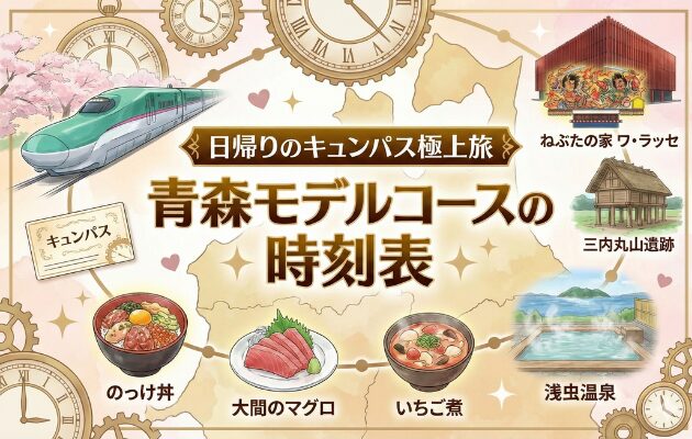 「日帰りのキュンパス極上旅」シリーズの青森モデルコース編。元鉄道員が穴場の指定席を取る裏ワザも伝授。