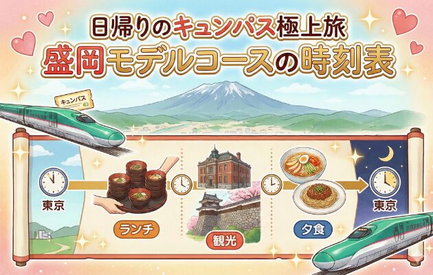 「日帰りのキュンパス極上旅」シリーズの盛岡モデルコース編。元鉄道員が穴場の指定席を取る裏ワザも伝授。
