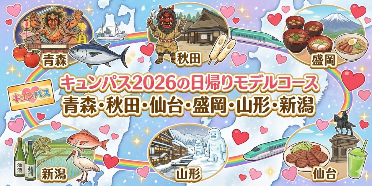 キュンパス2026の日帰りモデルコース。元鉄道員が1万円以上オトクになる6地域「青森・秋田・仙台・盛岡・山形・新潟」を解説。
