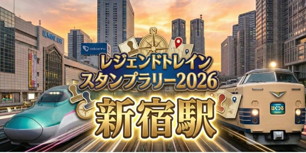 アイキャッチ画像　新宿駅のレジェンドトレインスタンプラリー2026の設置場所・行き方を解説