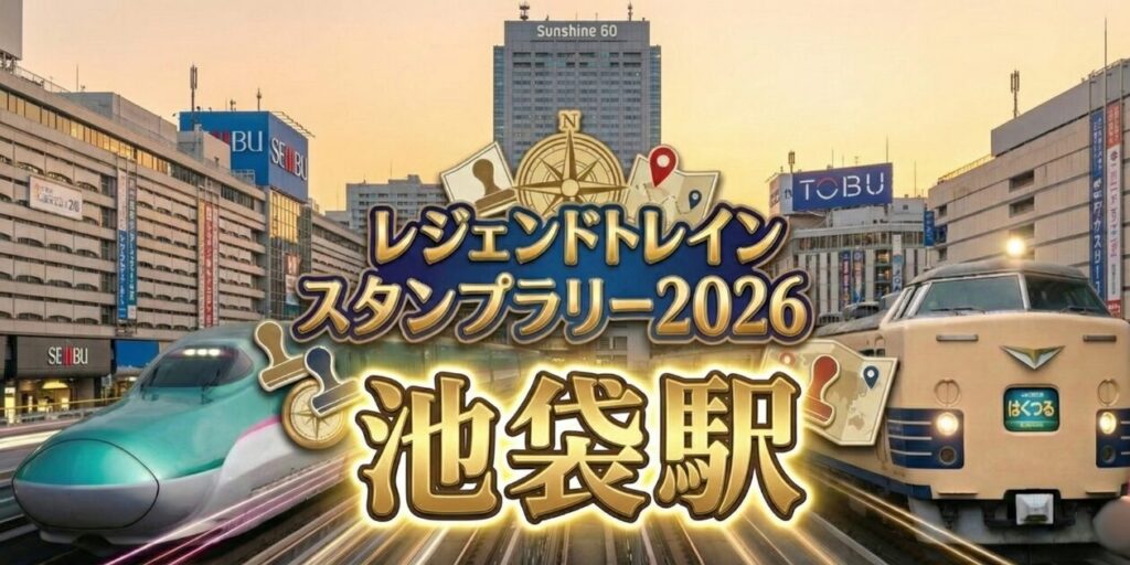 アイキャッチ画像　池袋駅のレジェンドトレインスタンプラリー2026の設置場所・行き方を解説