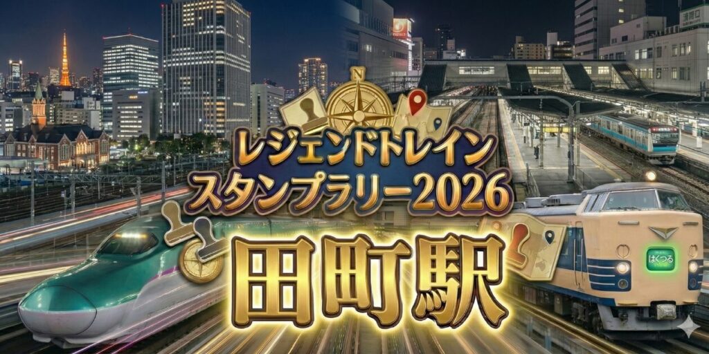 アイキャッチ画像　田町駅のレジェンドトレインスタンプラリー2026の設置場所・行き方を解説