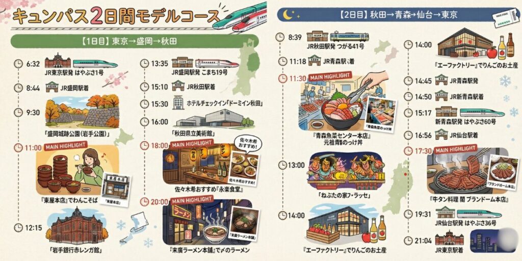 東京駅発の「盛岡・秋田・青森・仙台」を巡るキュンパス2日間のモデルコース。東北の極上グルメを喰らい尽くします。