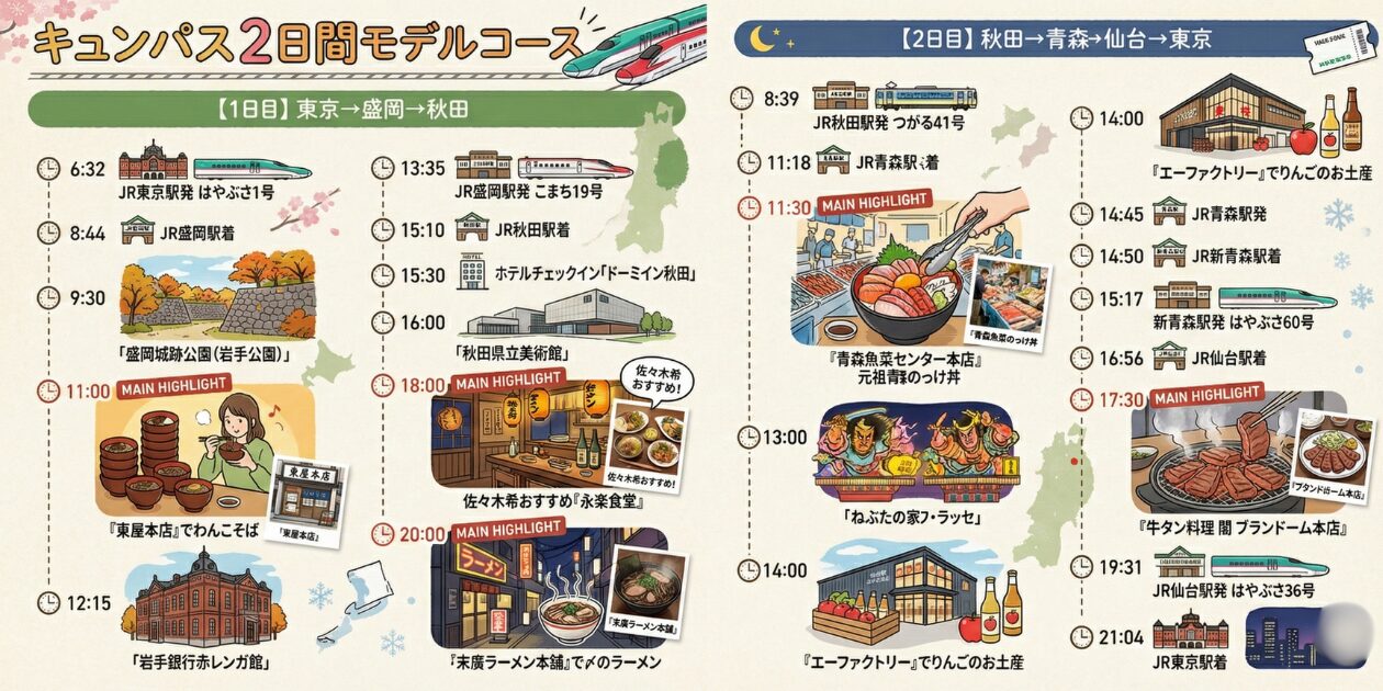 東京駅発の「盛岡・秋田・青森・仙台」を巡るキュンパス2日間のモデルコース。東北の極上グルメを喰らい尽くします。