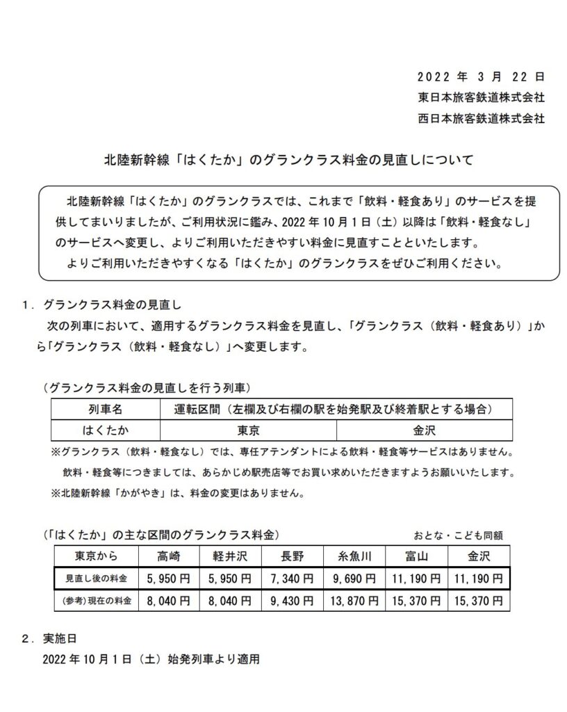 北陸新幹線「はくたか」グランクラス 2022 年 10 月 1 日(土)以降は「飲料・軽食なし」
のサービスへ変更