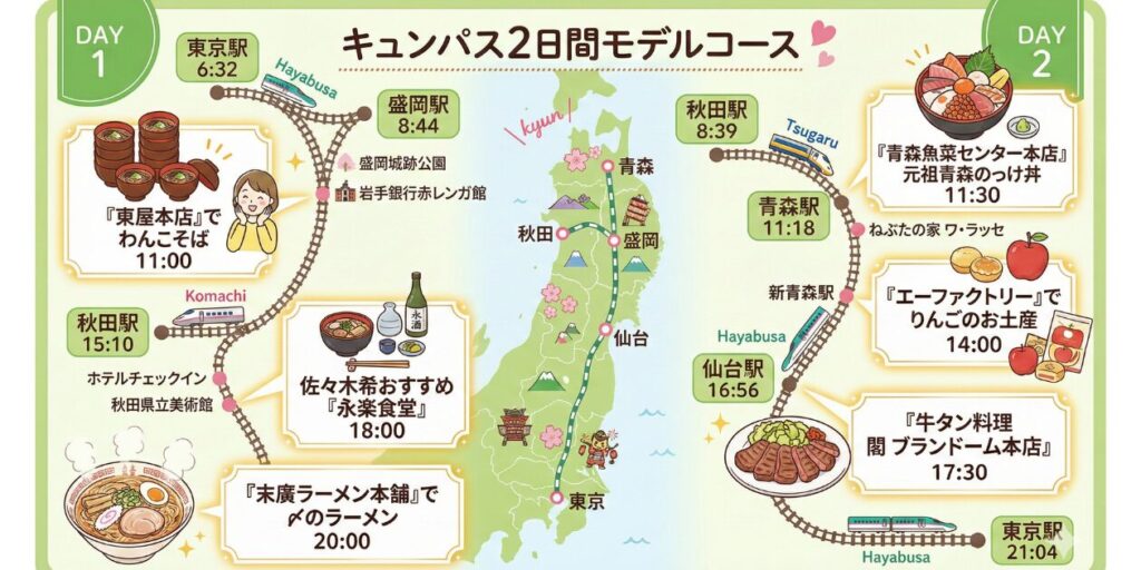 東京駅発の「盛岡・秋田・青森・仙台」を巡るキュンパス2日間のモデルコース。東北の極上グルメを喰らい尽くします。