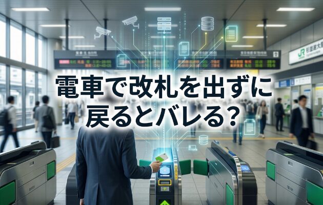 電車で改札を出ずに戻る男性のイラスト