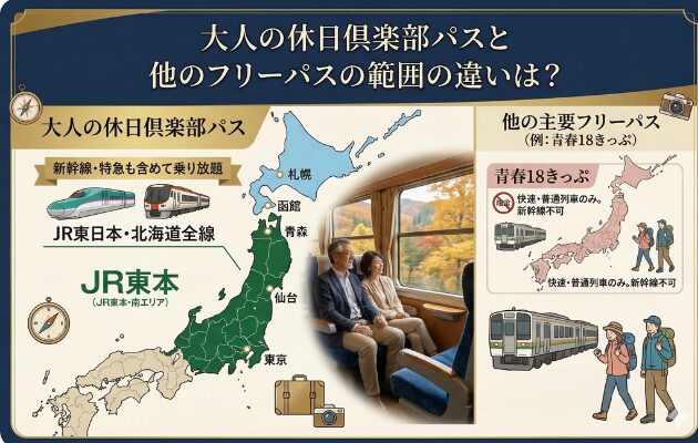 大人の休日倶楽部パスと他のフリーパスの範囲の違いは？
