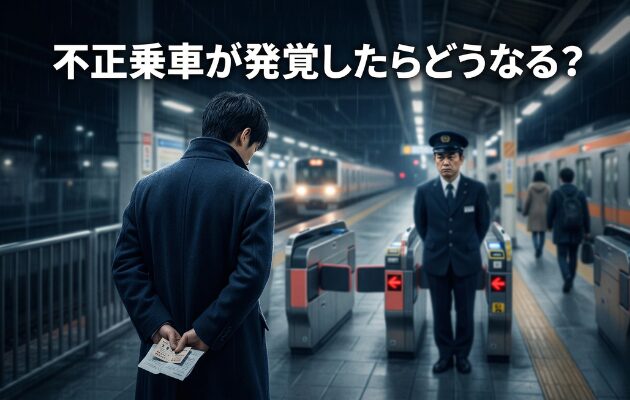 電車の折り返し乗車での虚偽申告がバレて駅員に怒られる男のイラスト