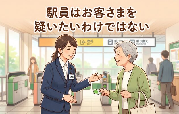 駅員が改札でおばあちゃんに親切に対応するイラスト