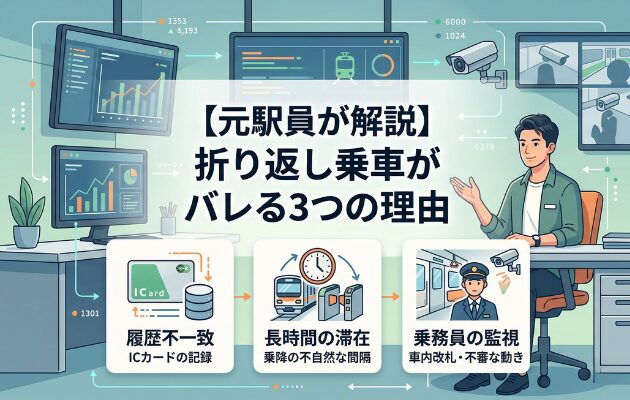 電車の改札で折り返し乗車がバレる３つの理由を説明する男性のイラスト