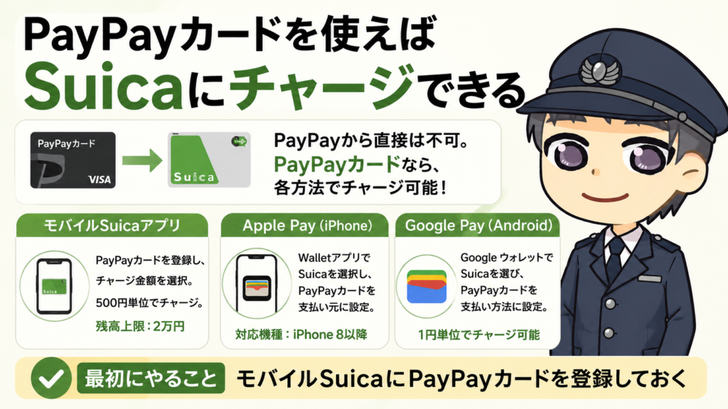 「PayPayカードを使えばSuicaにチャージできる」を説明する図解