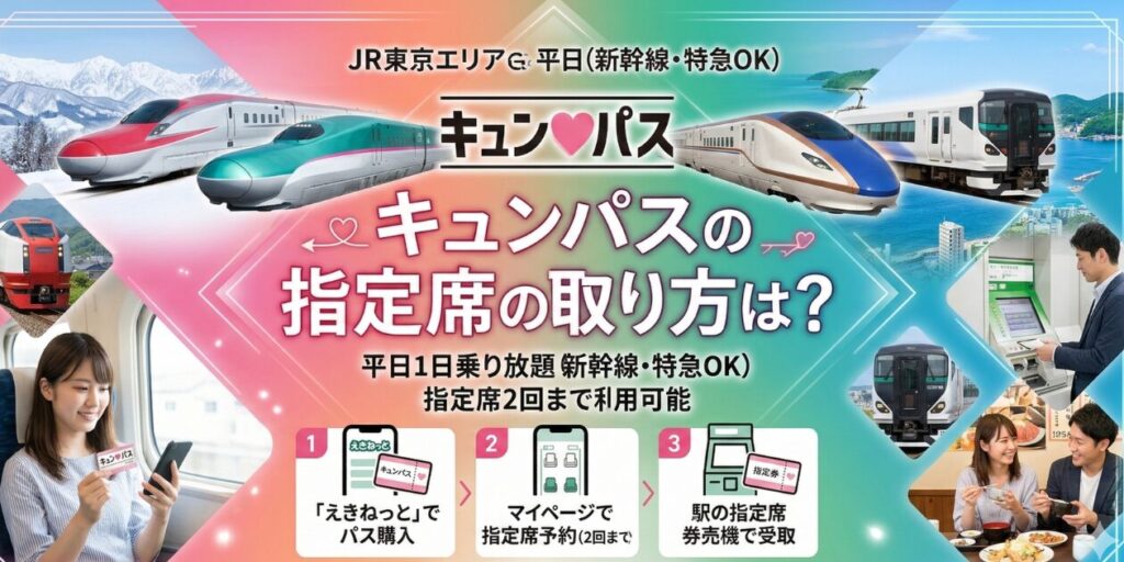 キュンパスの指定席の取り方について、基礎から裏ワザまで解説。えきねっとが苦手なら指定席券売機がおすすめ。