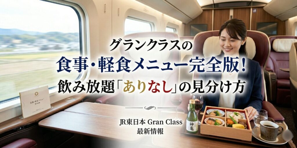 アイキャッチ画像　グランクラスの食事・飲み放題メニューを元駅員が徹底解説！軽食「ありなし」を見分ける確実な方法やお得に乗る裏技も紹介。