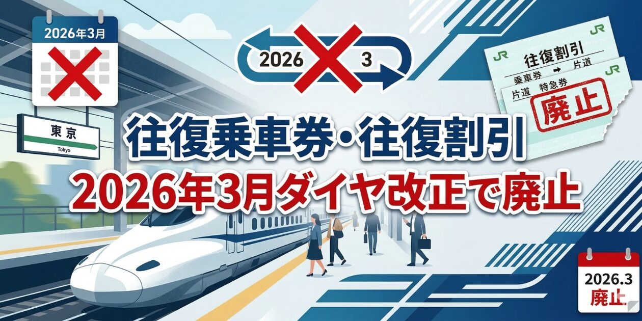 アイキャッチ画像　JRの往復・連続乗車券・往復割引の廃止は2026年3月13日！元駅員が廃止理由や新幹線に安く乗る方法を解説。