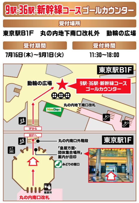ポケモンスタンプラリー2026 9駅・36駅・新幹線コースゴールカウンター(景品の受取場所)東京駅B1F 丸の内地下南口改札外 動輪の広場の行き方の図解①
