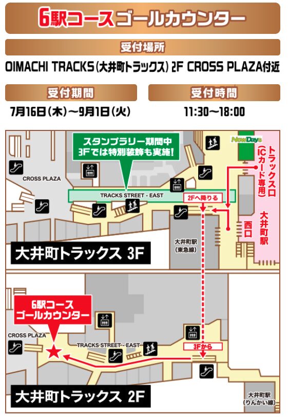 ポケモンスタンプラリー2026 6駅コースゴールカウンター(景品の受取場所)OIMACHI TRACKS(大井町トラック)2F CROSS PLAZA付近の行き方の図解