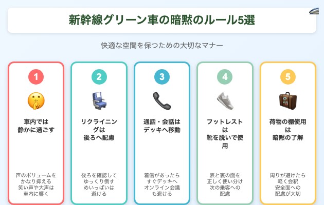 新幹線グリーン車の暗黙のルールとは?押さえておきたい5つのマナーの図解