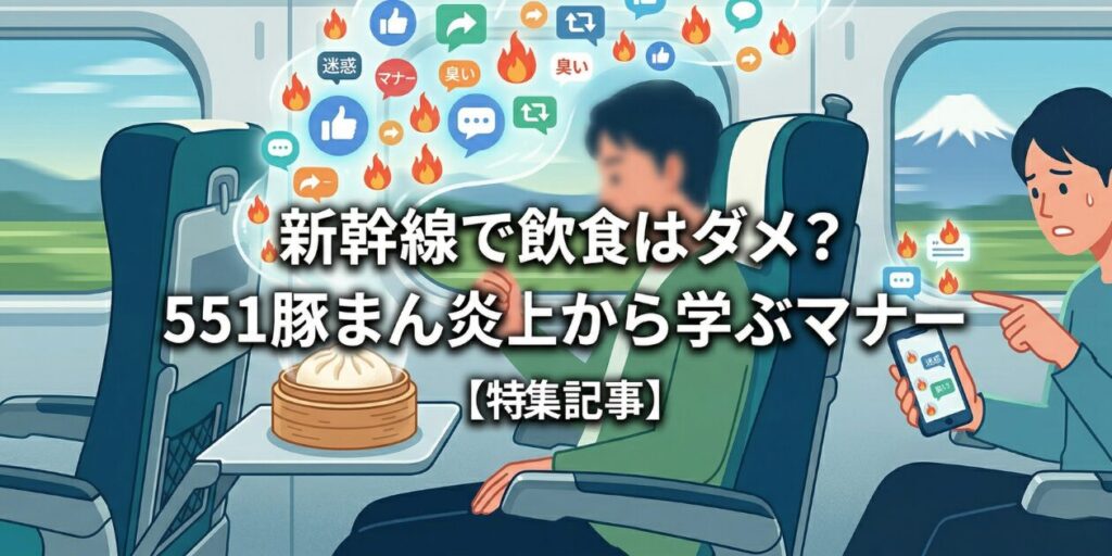 新幹線で飲食（551の豚まん）している30代男性のイラスト