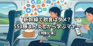 新幹線で飲食(551の豚まん)している30代男性のイラスト
