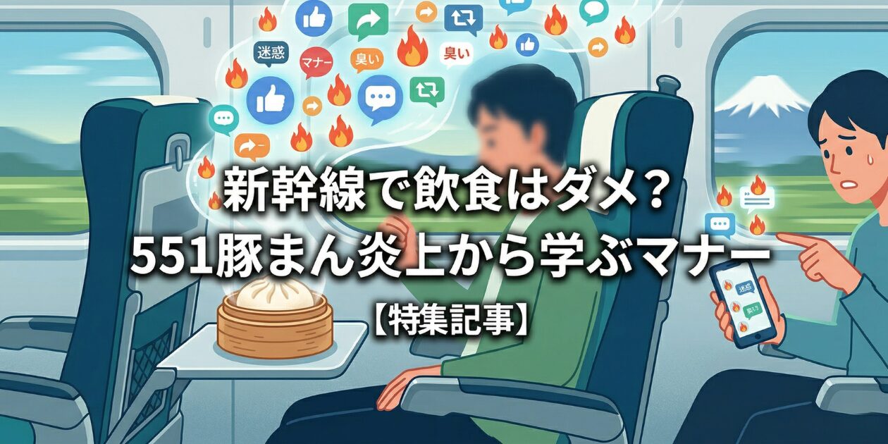 新幹線で飲食(551の豚まん)している30代男性のイラスト