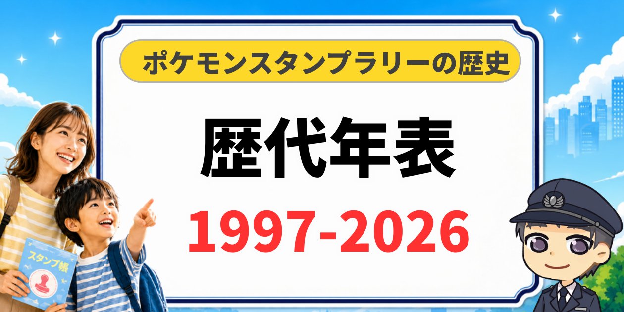 ポケモンスタンプラリーの歴史をまとめた歴代年表1997-2026。スタンプ帳を持った親子と駅員のイラスト