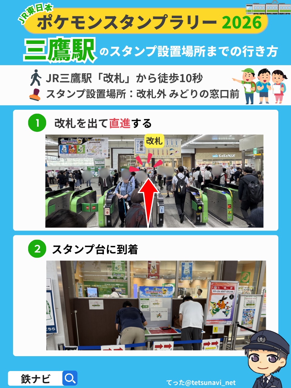 ポケモンスタンプラリー2026のJR三鷹駅「改札」からスタンプ設置場所までの行き方の図解