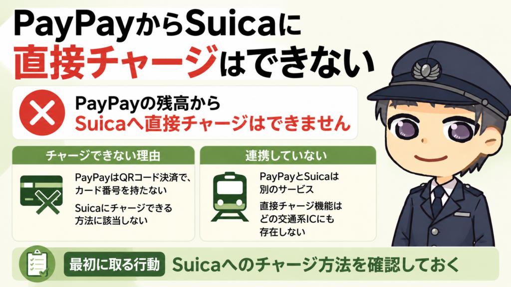 「PayPayからSuicaに直接チャージはできない」を説明する図解