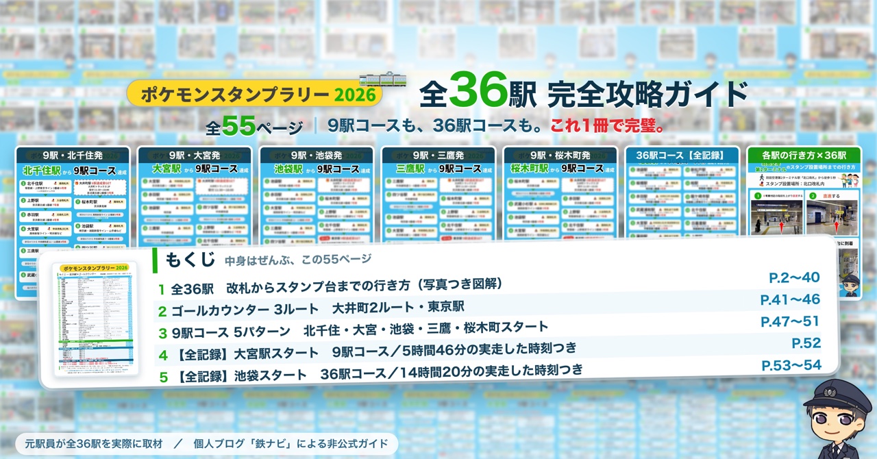 ポケモンスタンプラリー2026 全36駅完全攻略ガイド（全55ページ）のもくじ。全36駅の行き方図解・ゴールカウンター3ルート・9駅コース5パターン・実走した全記録を収録