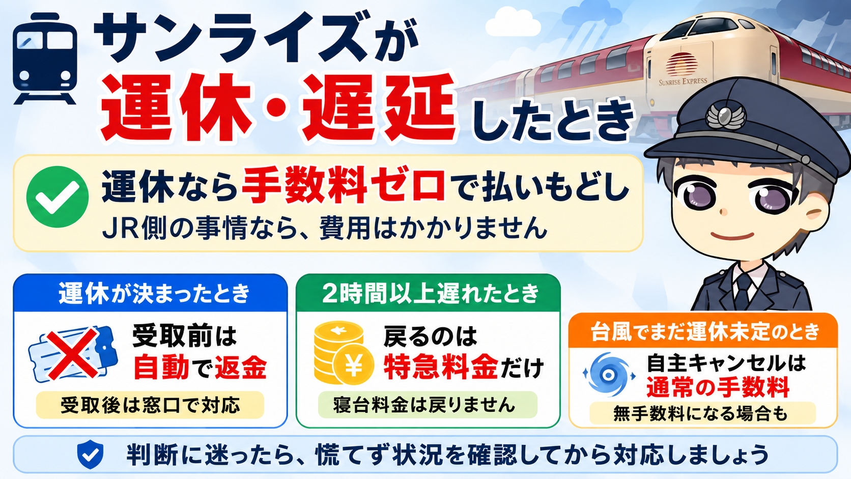 サンライズが運休・遅延した時の手数料