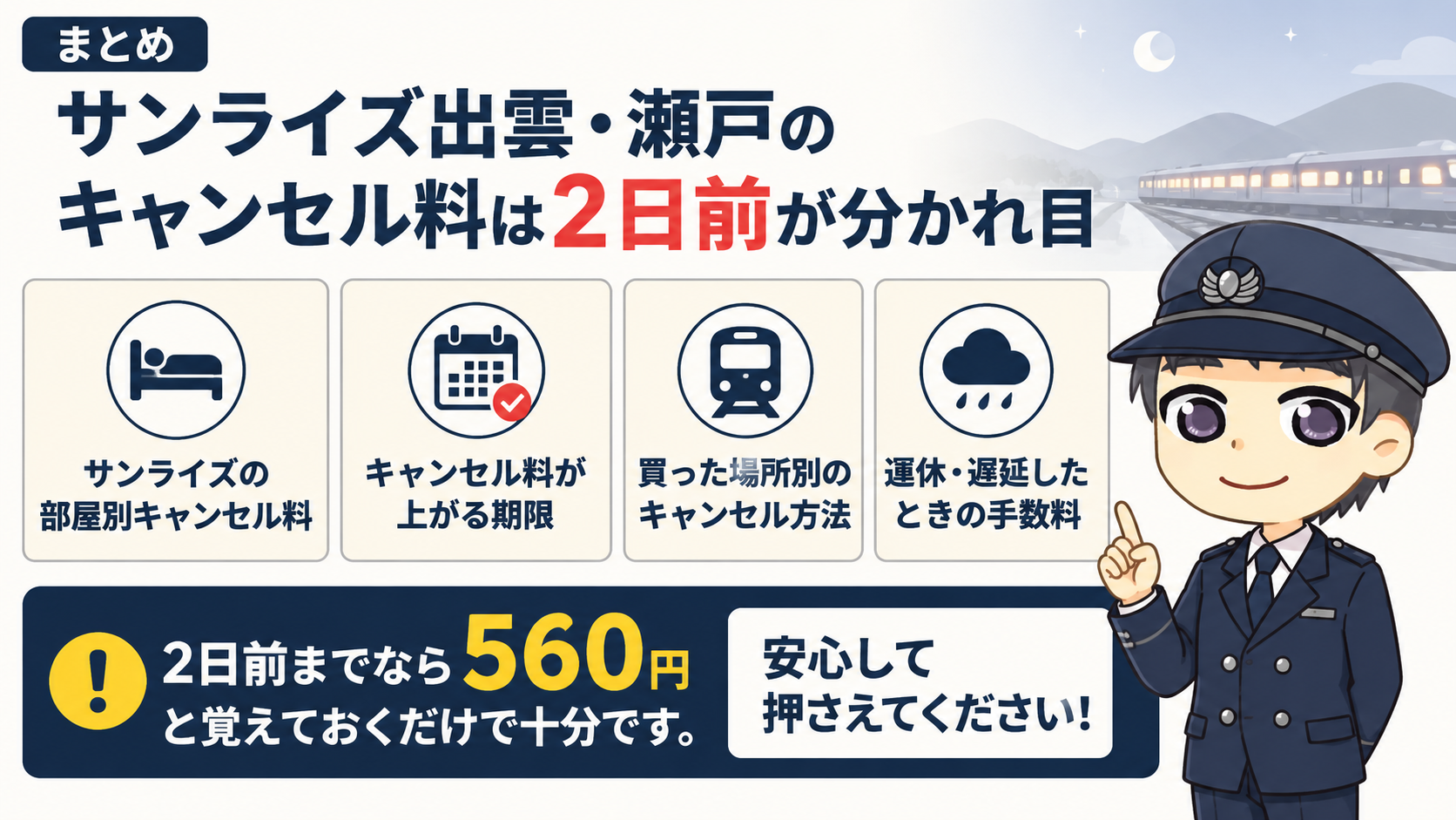 まとめ:サンライズ出雲・瀬戸のキャンセル料は2日前が分かれ目