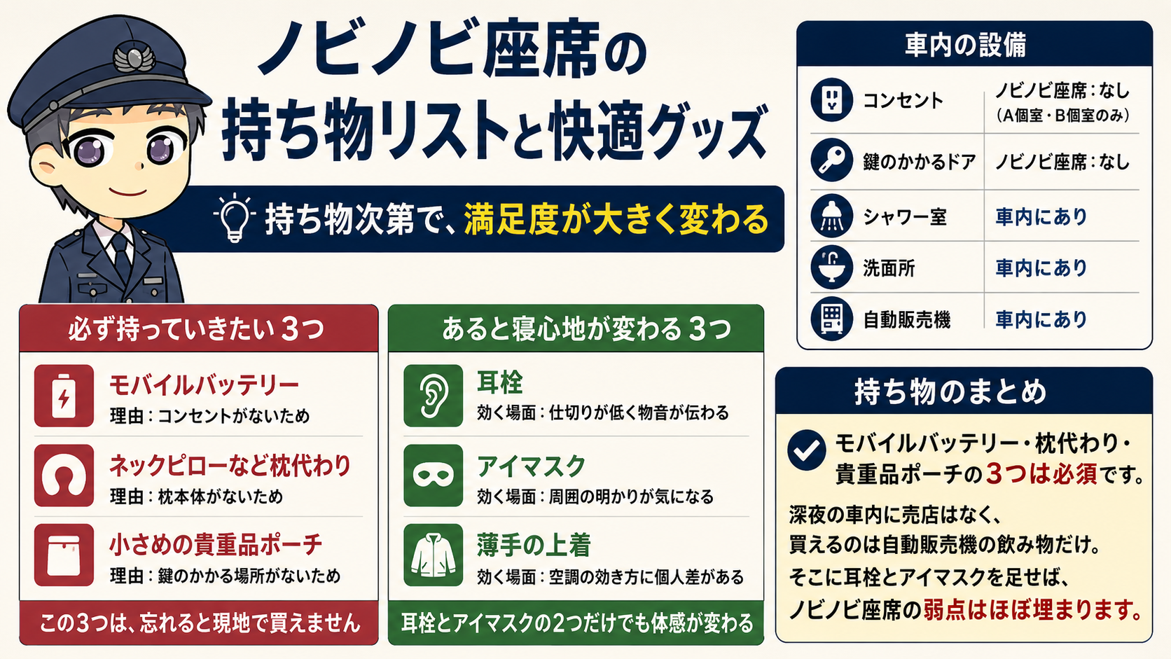 ノビノビ座席の持ち物リストと快適グッズ