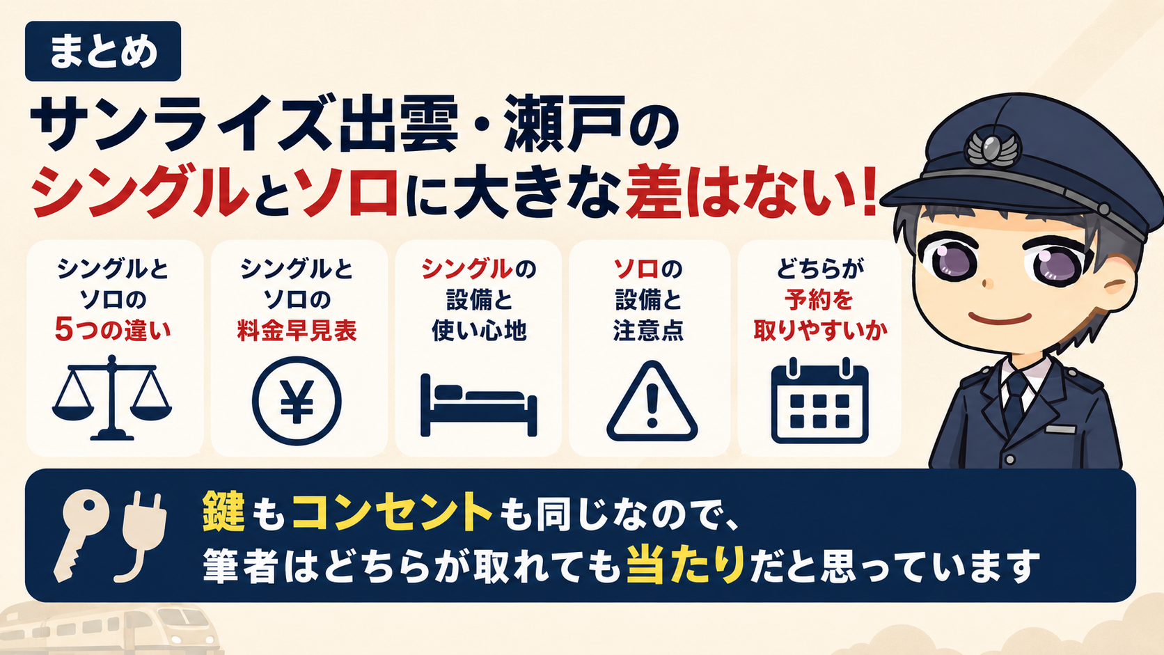 まとめ:サンライズ出雲・瀬戸のシングルとソロに大きな差はない!