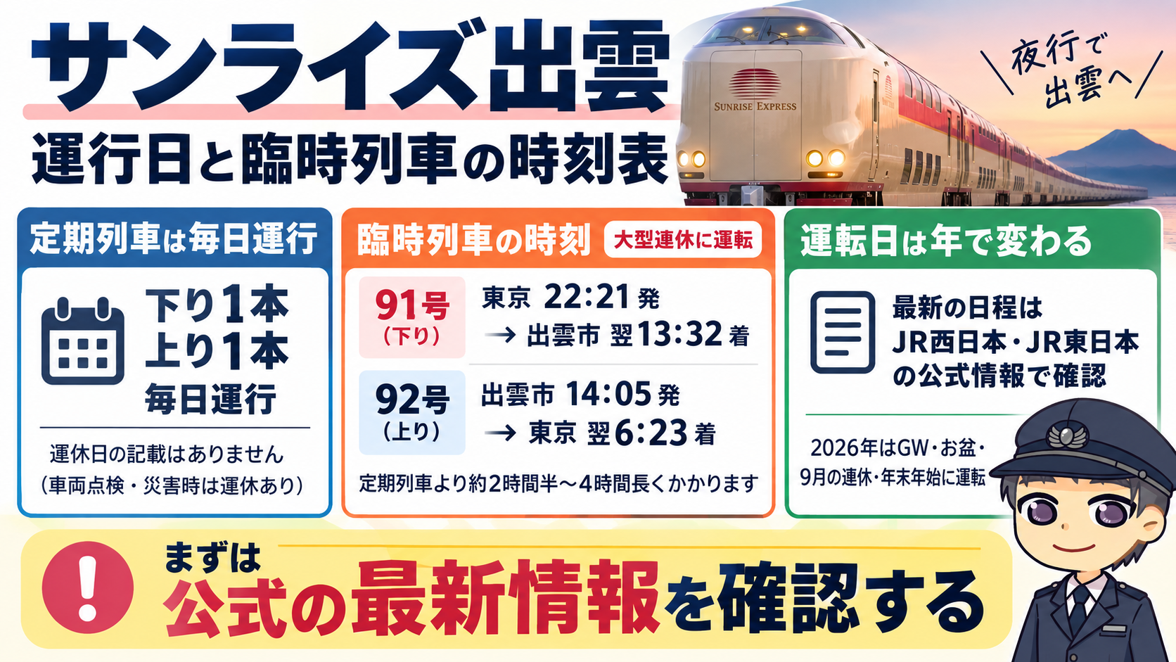 サンライズ出雲の運行日と臨時列車の時刻表
